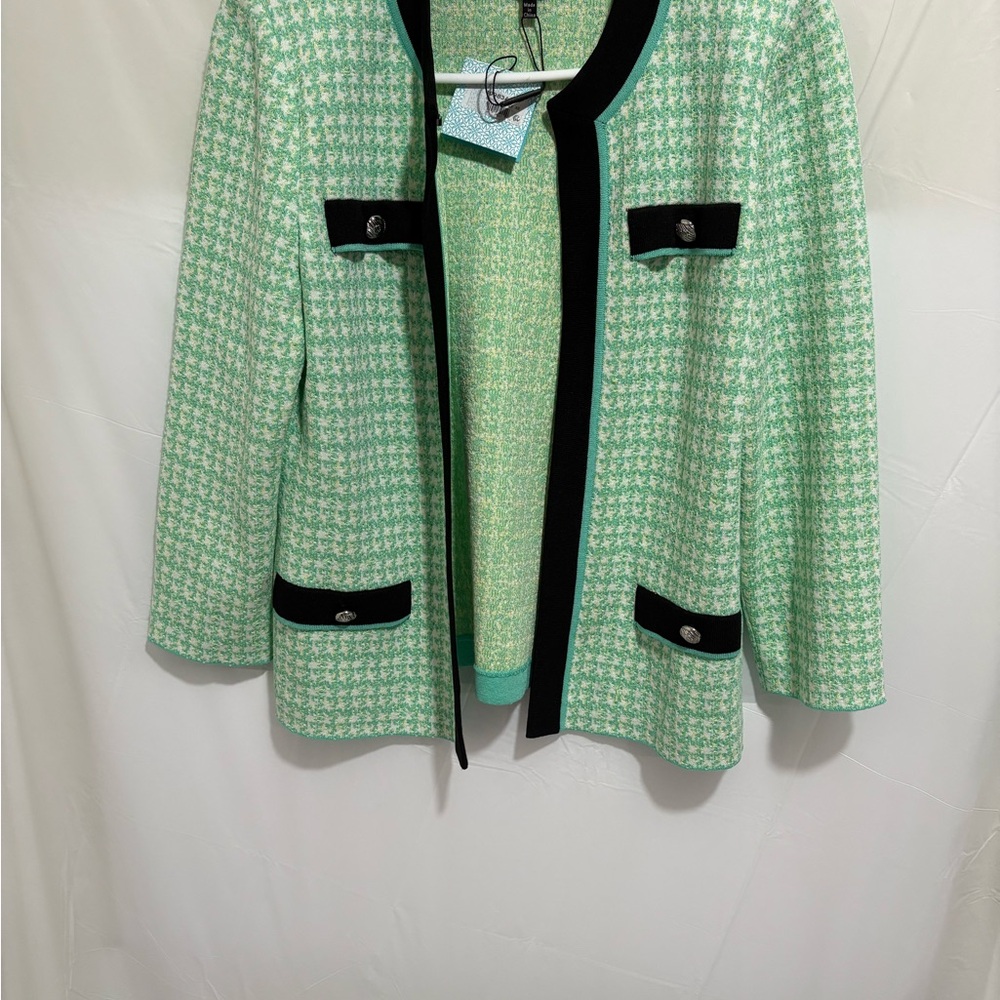Women's Mint Green Houndstooth Open Front Jacket with Black Trim